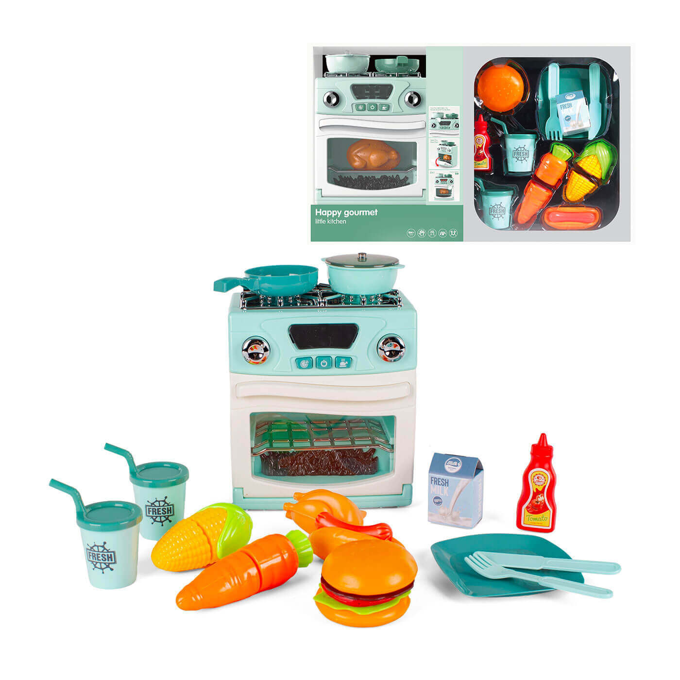 Zabawkowa kuchenka z akcesoriami, warzywa na rzep, garnki interaktywny zestaw kuchenny