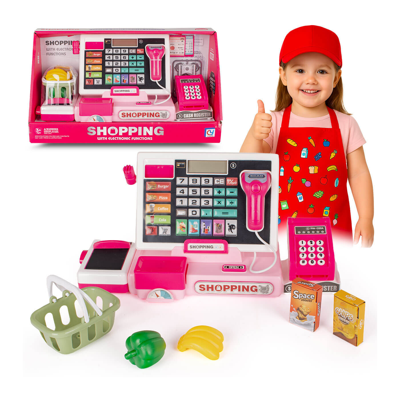 Kasa fiskalna z akcesoriami terminal do zabawy w sklep waga, skaner ruchome elementy.