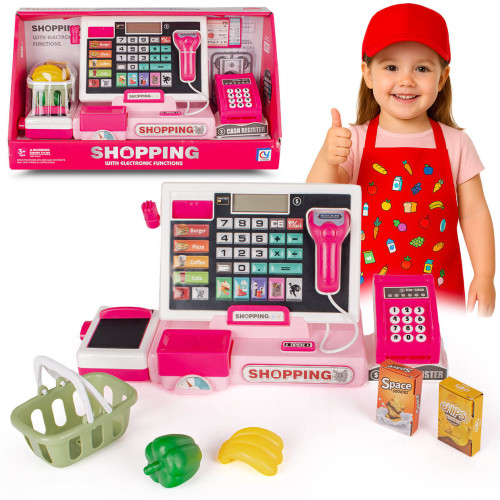 Kasa fiskalna z akcesoriami terminal do zabawy w sklep waga, skaner ruchome elementy.