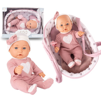 Lalka bobasek 28 cm z nosidełkiem, kocykiem i smoczkiem - zestaw dla dziewczynki