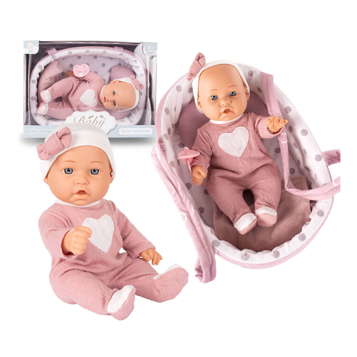 Lalka bobasek 28 cm z nosidełkiem, kocykiem i smoczkiem - zestaw dla dziewczynki