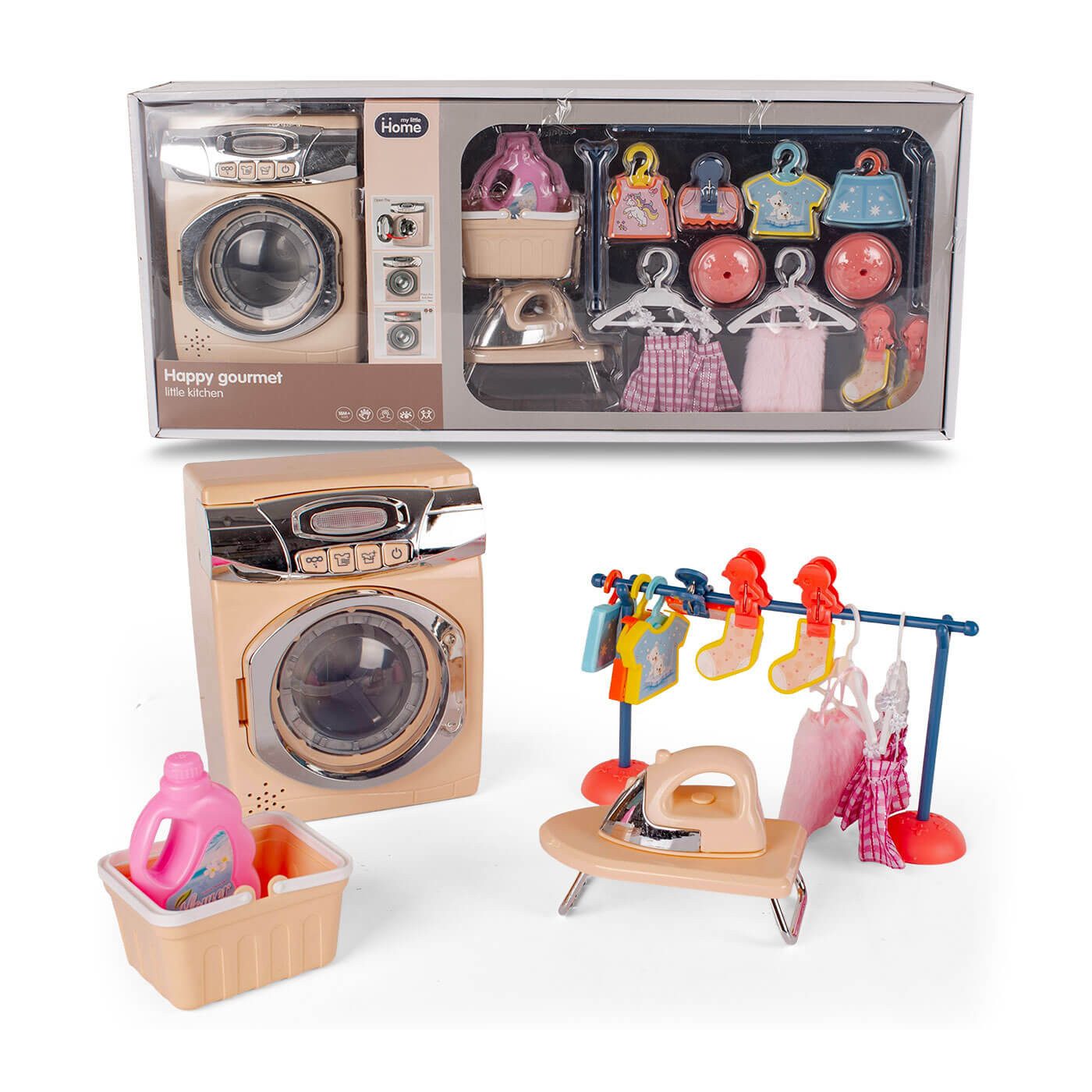 Pralka z dźwiękiem i światłem + żelazko, deska i akcesoria do prania i prasowania