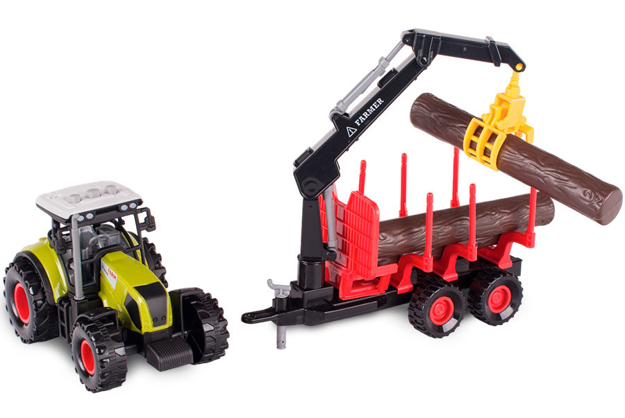 Traktor z przyczepą z podnośnikiem do przewozu drzewa