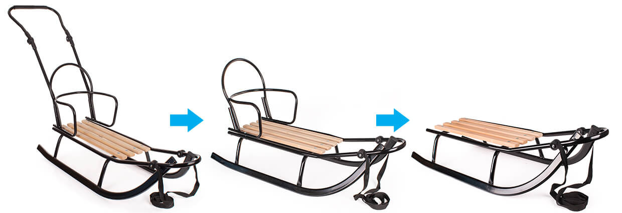 Sanki metalowe dla dzieci 3w1 - oparcie, pchacz i solo