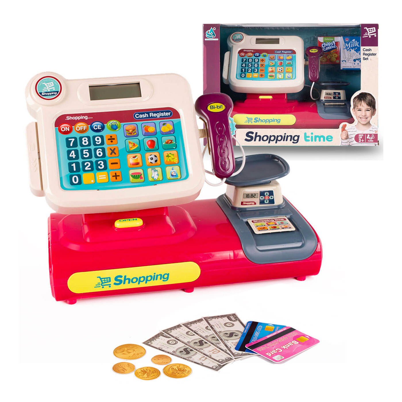 Kasa fiskalna z akcesoriami do zabawy w sklep z wagą i czytnikiem