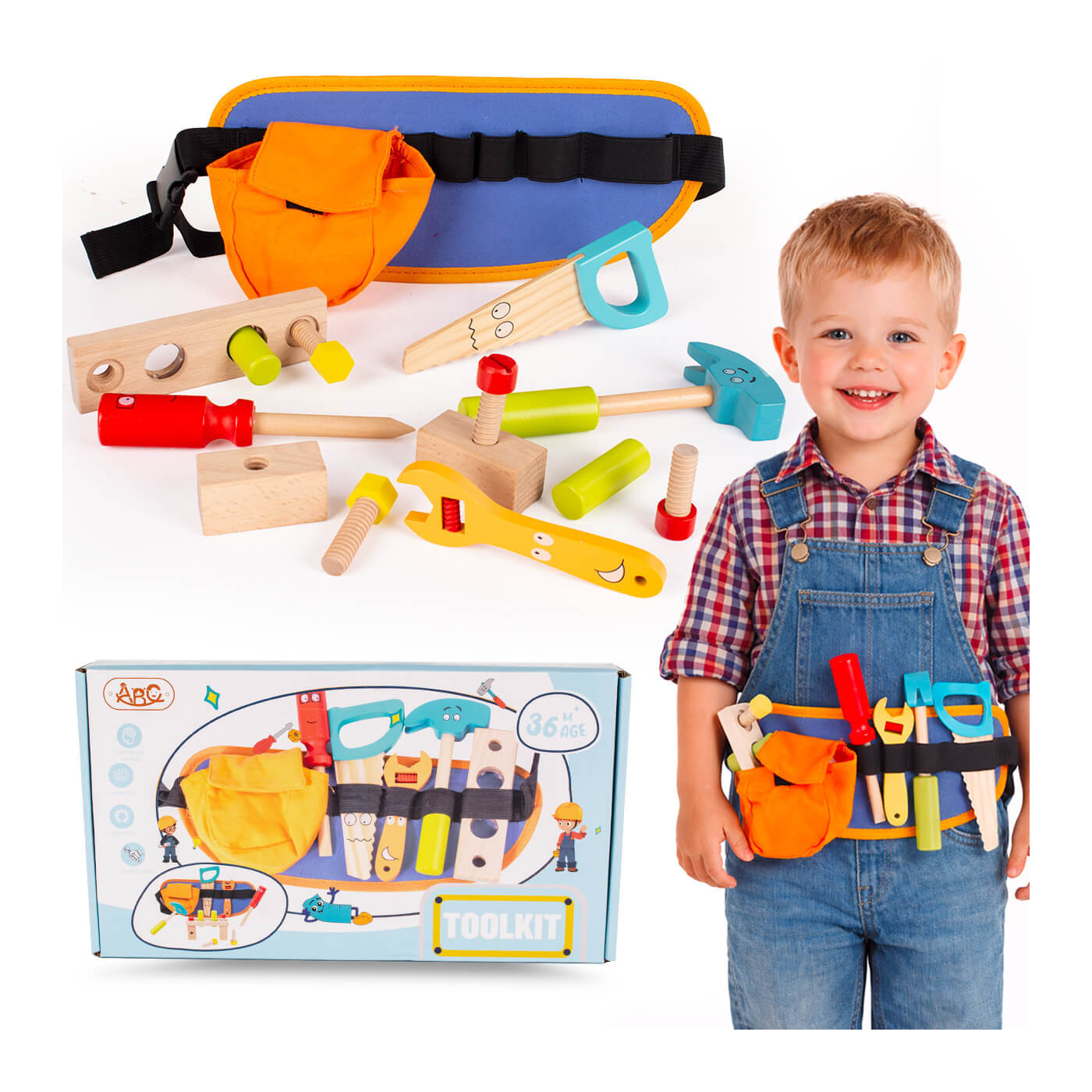Drewniany zestaw narzędzi dla dzieci, pas z narzędziami, montesorii, mała motoryka
