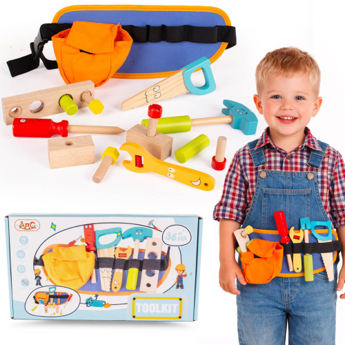 Drewniany zestaw narzędzi dla dzieci, pas z narzędziami, montesorii, mała motoryka