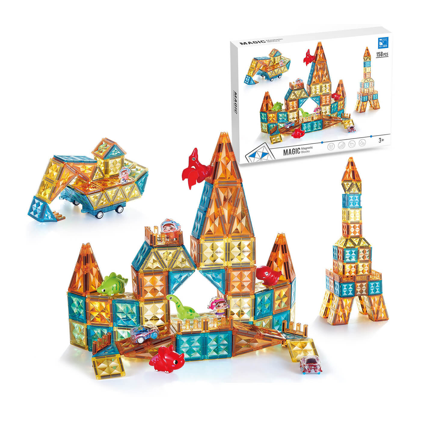 Klocki magnetyczne konstrukcyjne 3D Geometryczne edukacyjne 158 el. 3+