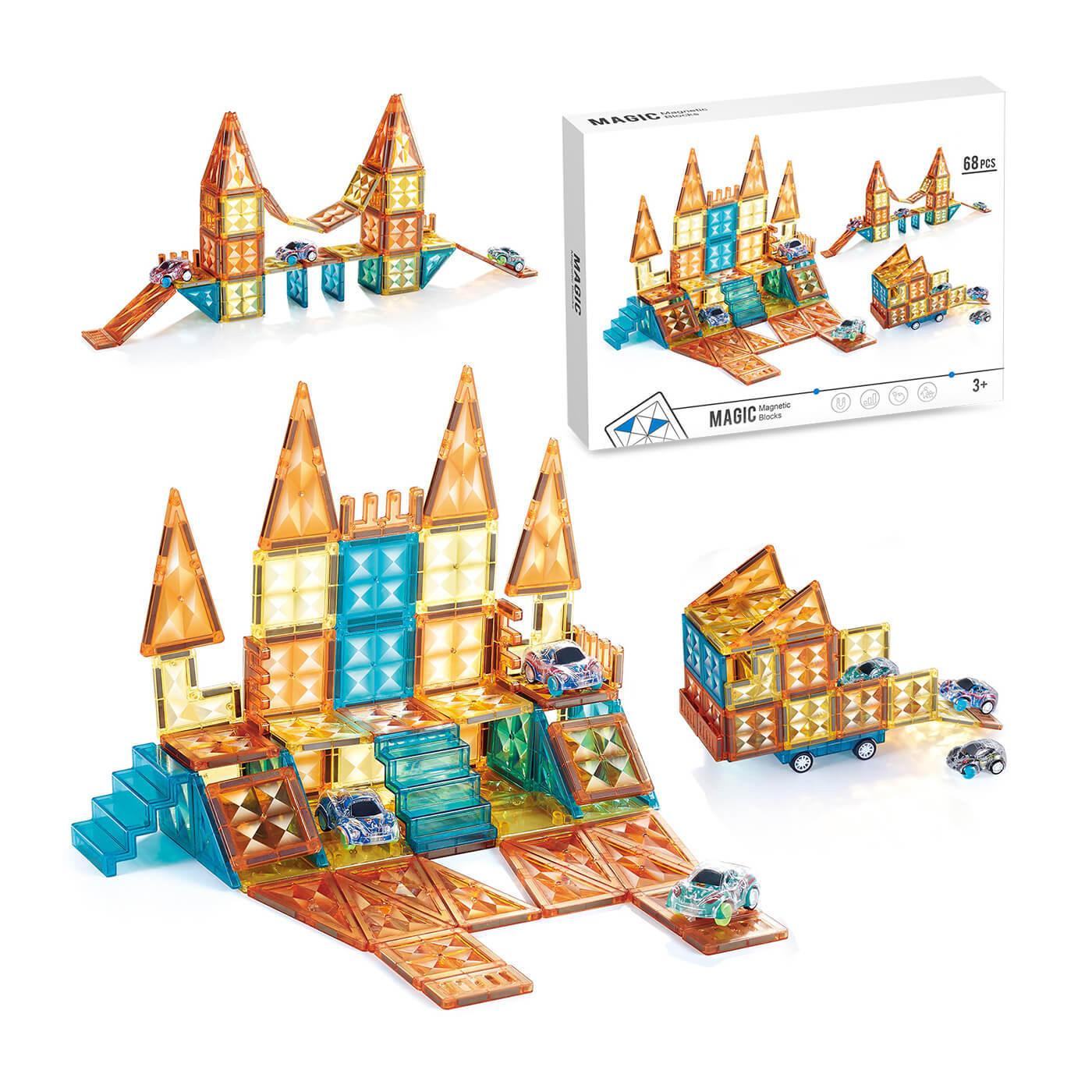 Klocki magnetyczne 3D dla dzieci, konstrukcyjne, geometryczne edukacyjne 68 el. 3+