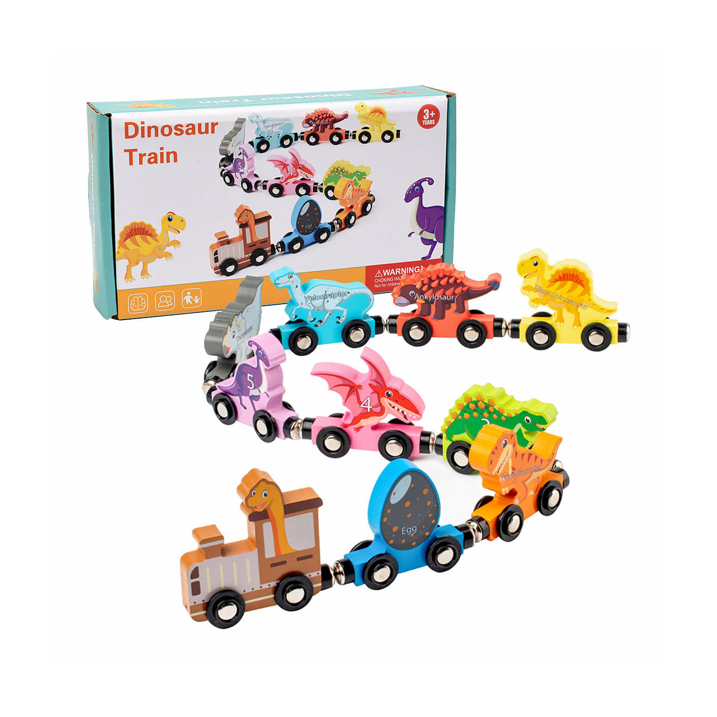 Drewniany pociąg, kolejka z dinozaurami zabawka edukacyjna