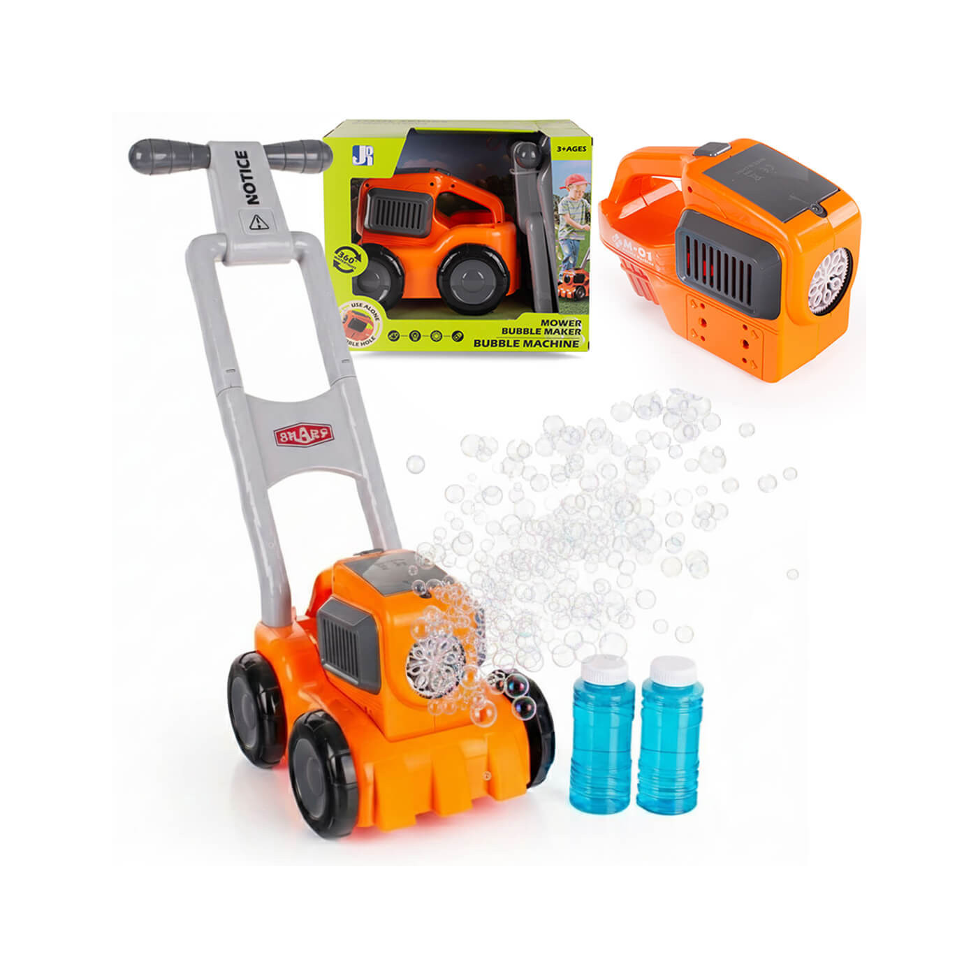 Kosiarka na bańki mydlane + wytwornica baniek 2w1, płyn do baniek 110ml