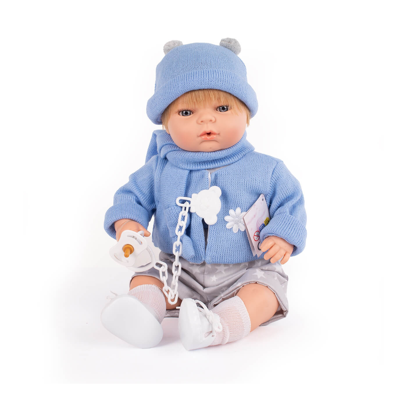 Lalka hiszpańska chłopiec bobas interaktywny ze smoczkiem 42cm winylowa