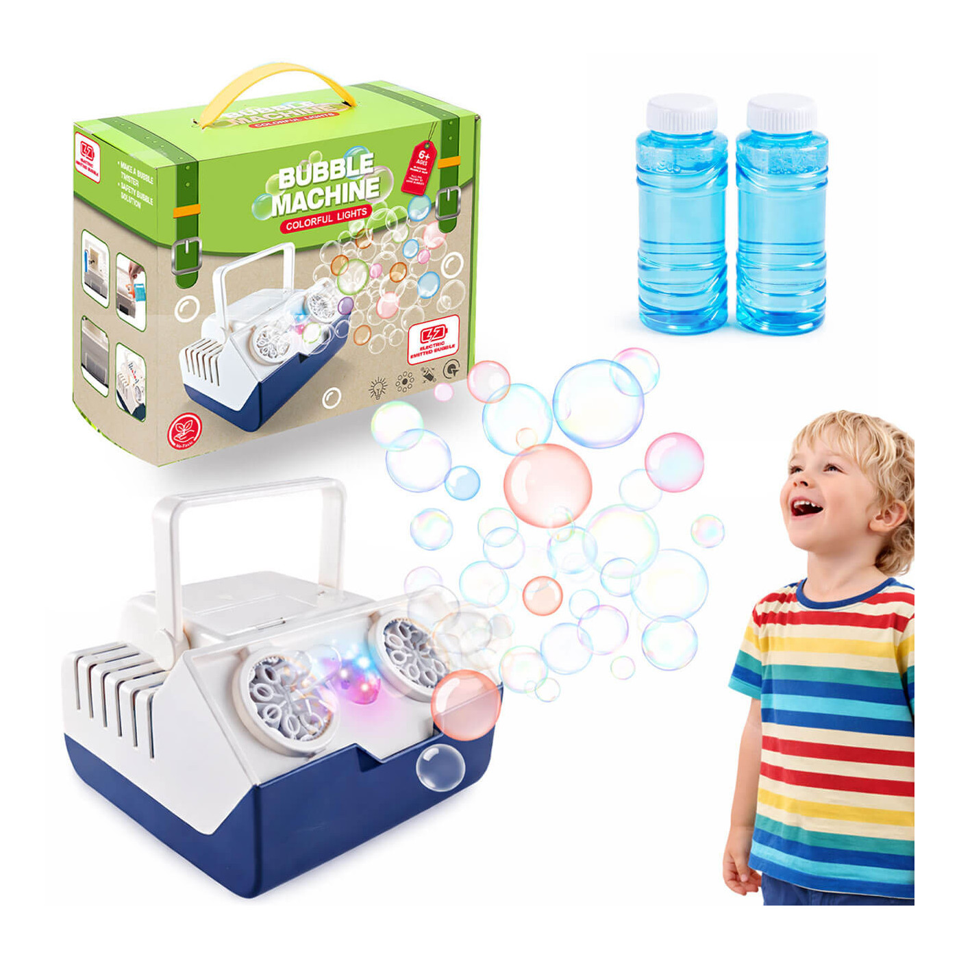 Maszynka do baniek mydlanych z światłem, wytwornica do robienia baniek + płyny