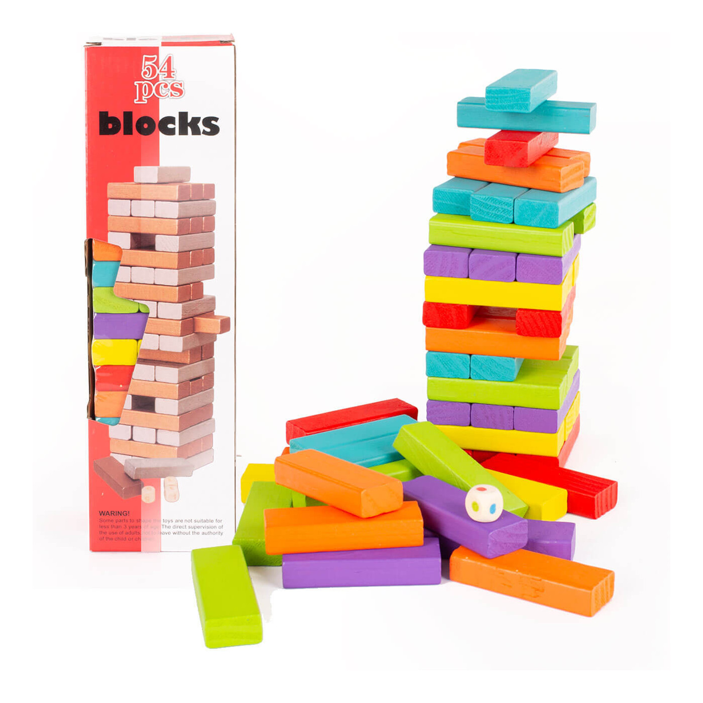 Drewniana Wieża Zręcznościowa 54 Elementy Kolorowe Klocki + Kostka Gra Rodzinna
