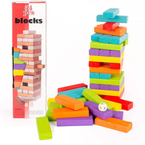 Drewniana Wieża Zręcznościowa 54 Elementy Kolorowe Klocki + Kostka Gra Rodzinna