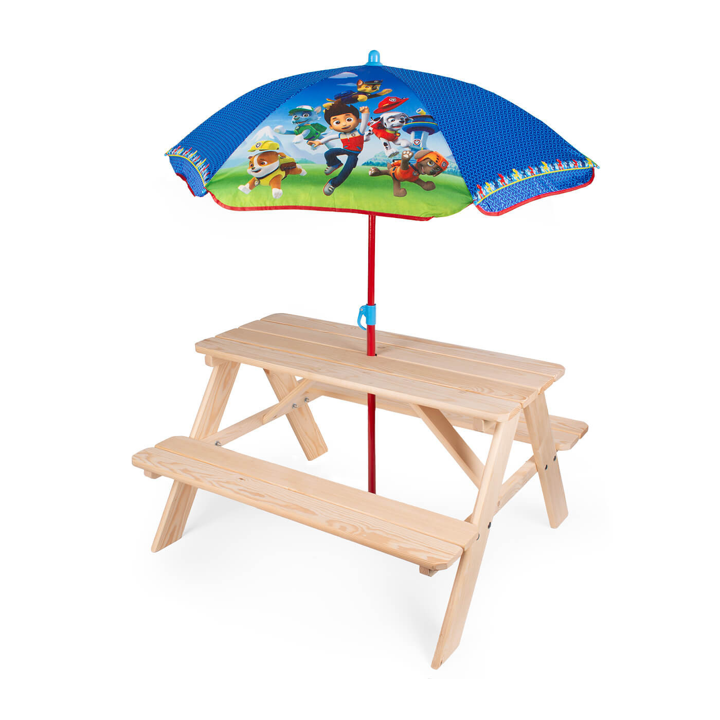 Drewniany stolik ogrodowy dla dzieci z parasolem plażowym Psi Patrol