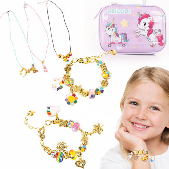 Zestaw do Robienia Bransoletek i Naszyjników w etui Jednorożec CHARMS 66 el. – Koraliki, Zawieszki, Biżuteria DIY