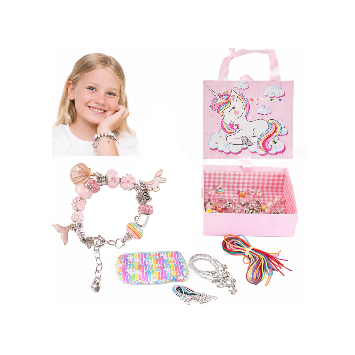 Zestaw do Robienia bransoletek w etui Jednorożec 170 el. – Koraliki, Zawieszki, Biżuteria DIY