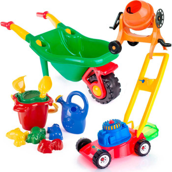 Zestaw narzędzi ogrodowych: taczki, kosiarka, betoniarka