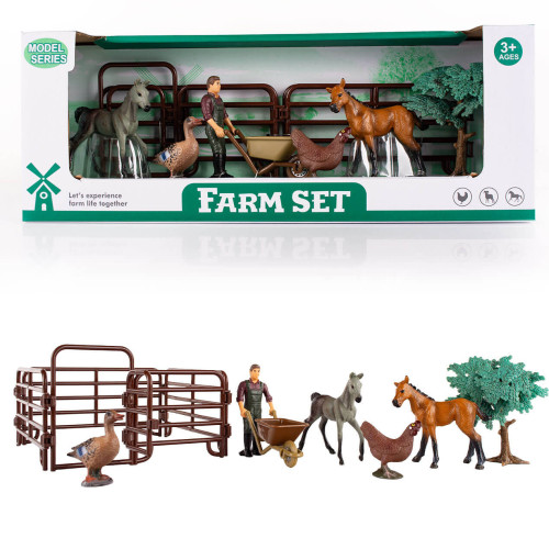 Zestaw Farma dla Dzieci – Figurki Zwierząt Gospodarskich z Rolnikiem - Koniki, kura, kaczka