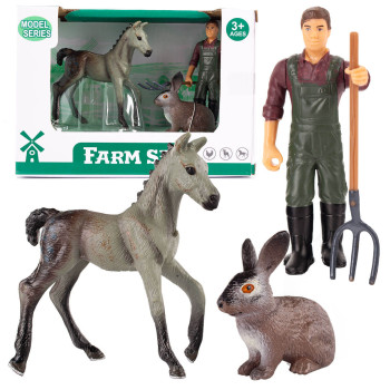 Figurki zwierzątek wiejskich z rolnikiem Farma - Konik, króliczek, farmer