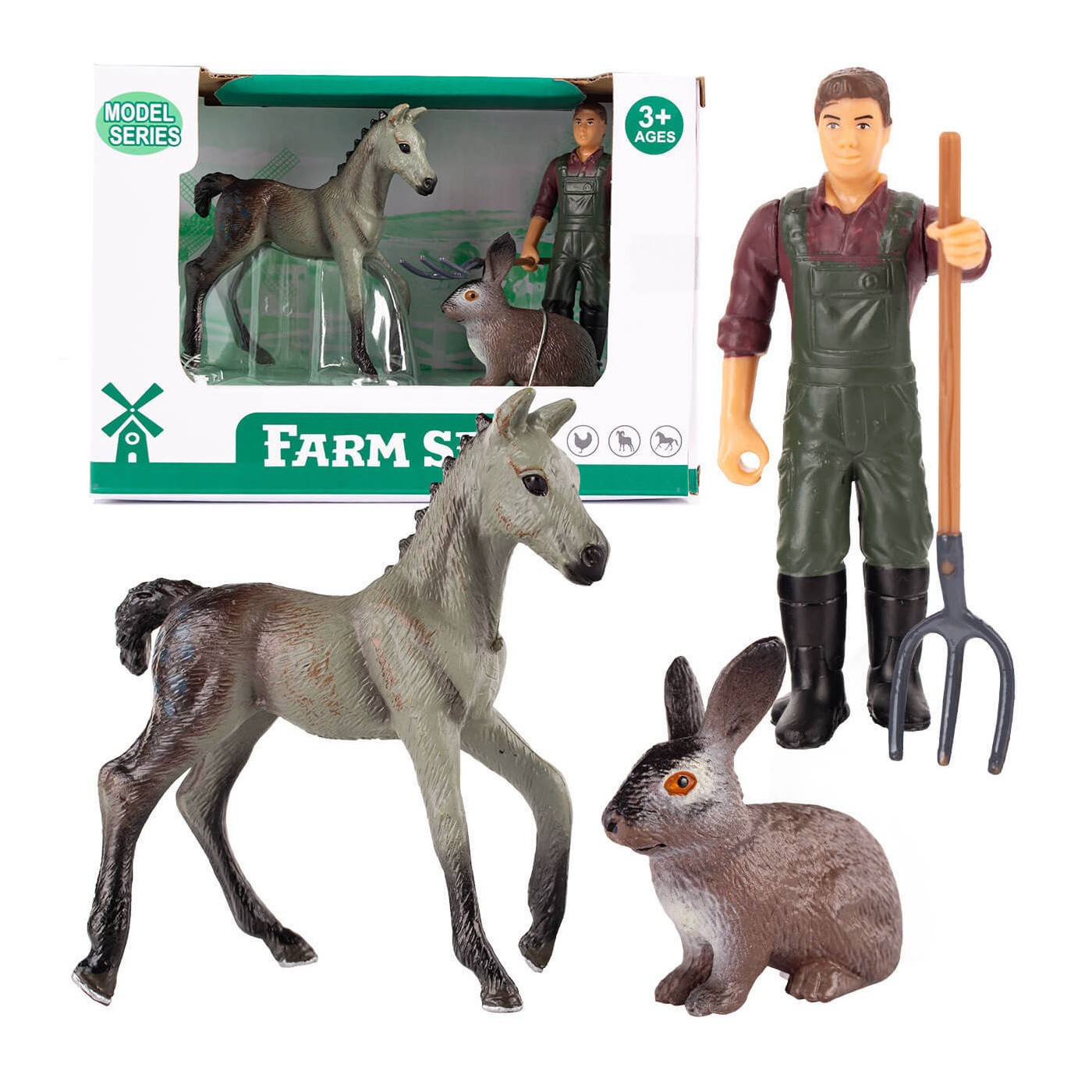 Figurki zwierzątek wiejskich z rolnikiem Farma - Konik, króliczek, farmer
