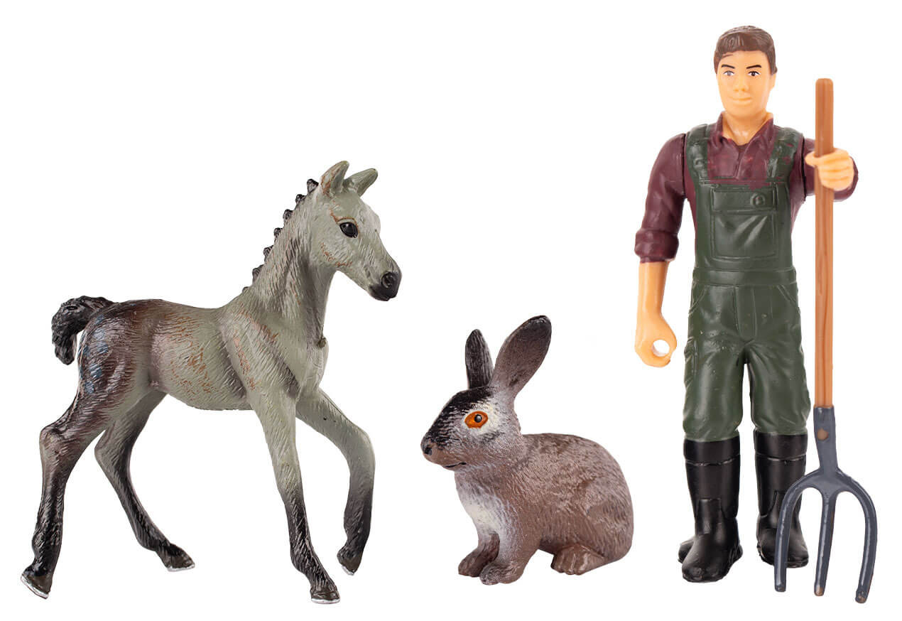 Zestaw figurek farmera, konik, królik  