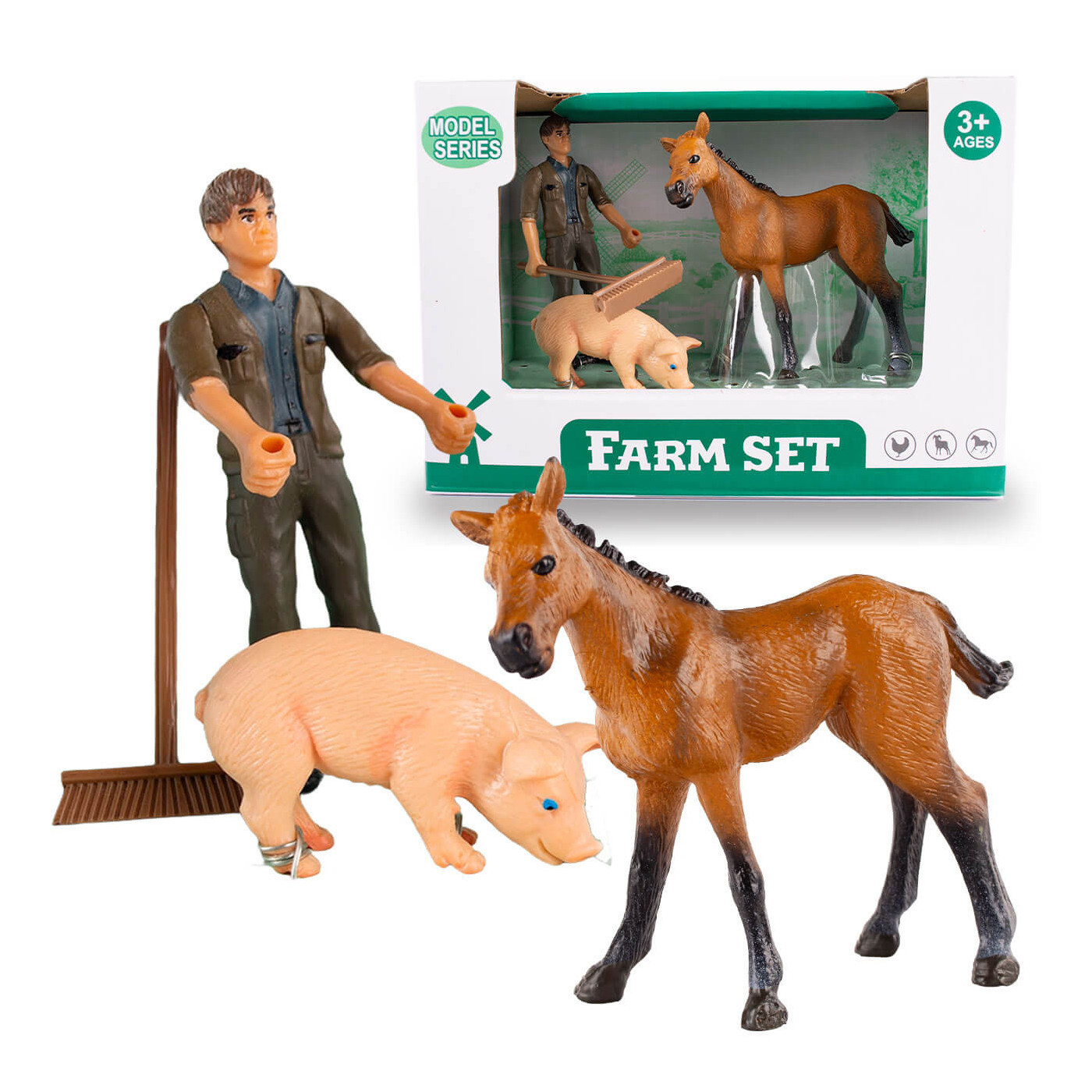 Figurki zwierzątek wiejskich z rolnikiem Farma - Konik, świnka , farmer