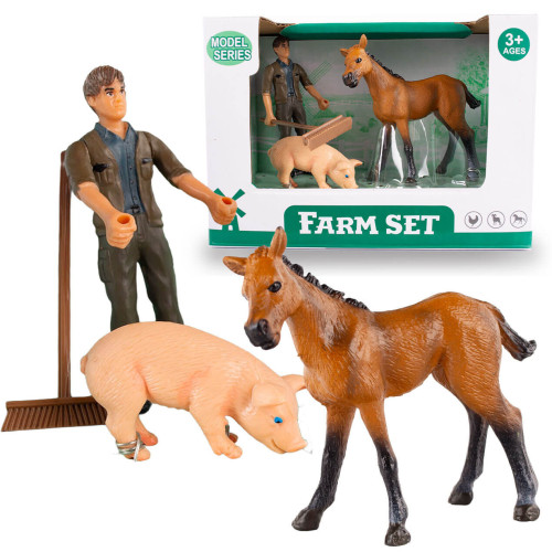 Figurki zwierzątek wiejskich z rolnikiem Farma - Konik, świnka , farmer