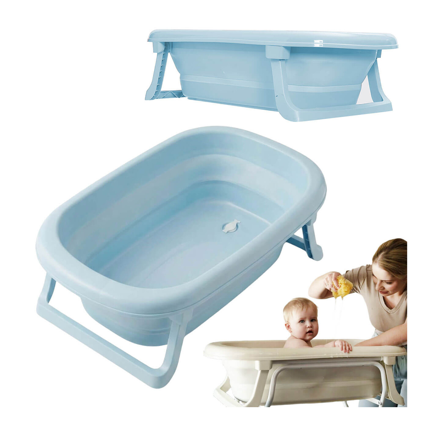 Składana wanienka dziecięca TEGA Baby 81 cm z termometrem, odpływem i nóżkami –niebieska