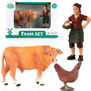 Figurki zwierząt wiejskich zagroda farma - byk, kura, farmerka z koszem