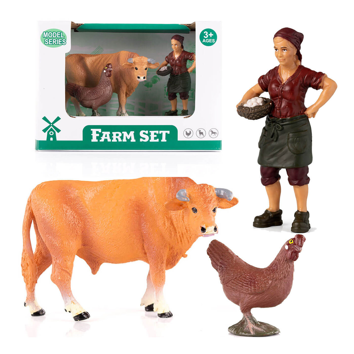 Figurki zwierzątek wiejskich Zagroda Farma - Byk, kura, farmerka z koszem