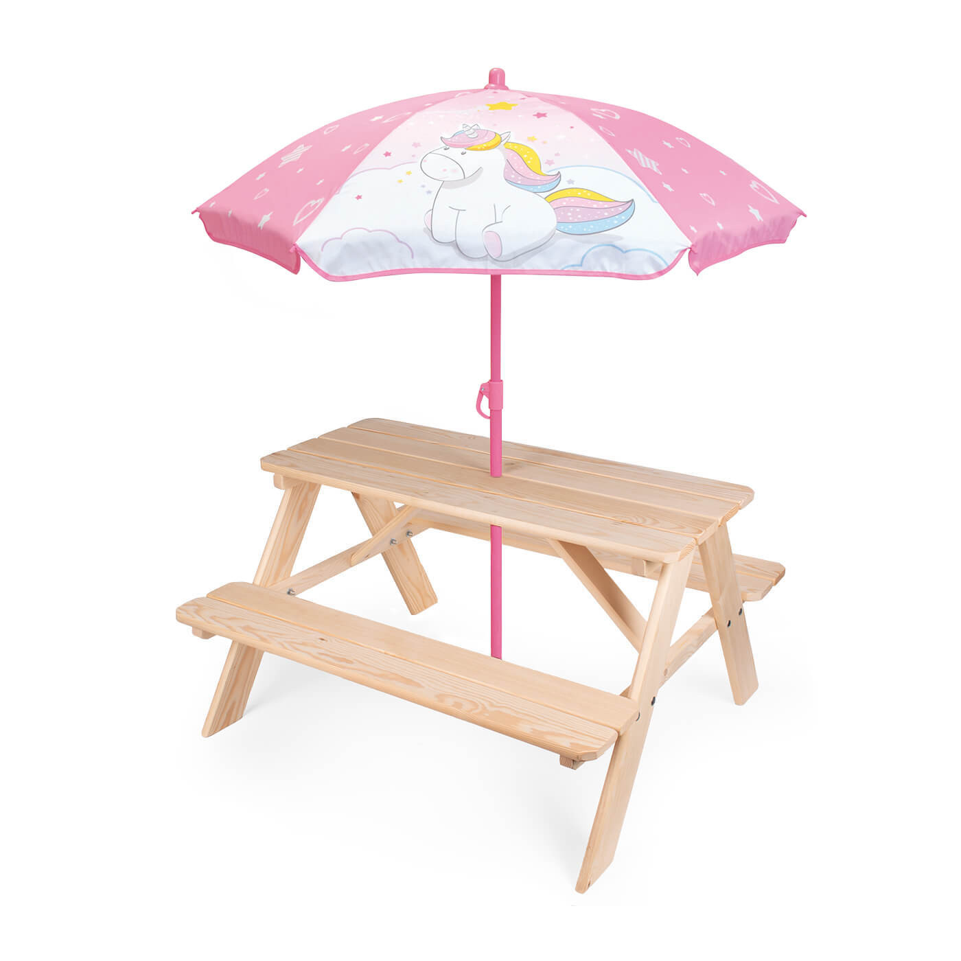 Stolik ogrodowy dla dzieci z parasolem Unicorn Jednorożec drewniany