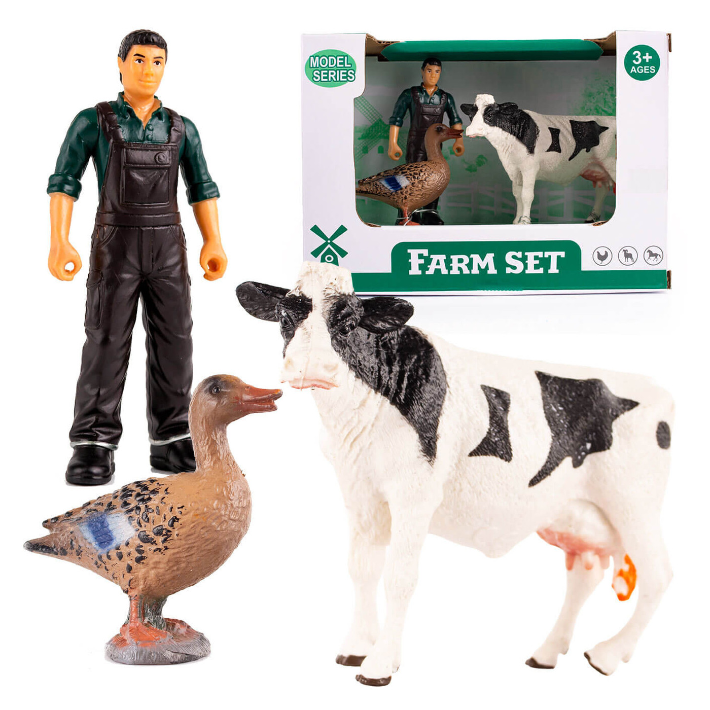 Figurki zwierzątek wiejskich Zagroda Farma - Krowa, kaczka oraz rolnik