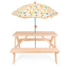 Stolik z ławkami ogrodowy dla dzieci z parasolem plażowym drewniany