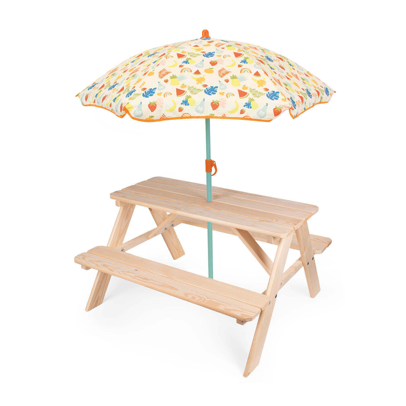 Stolik z ławkami ogrodowy dla dzieci z parasolem plażowym drewniany