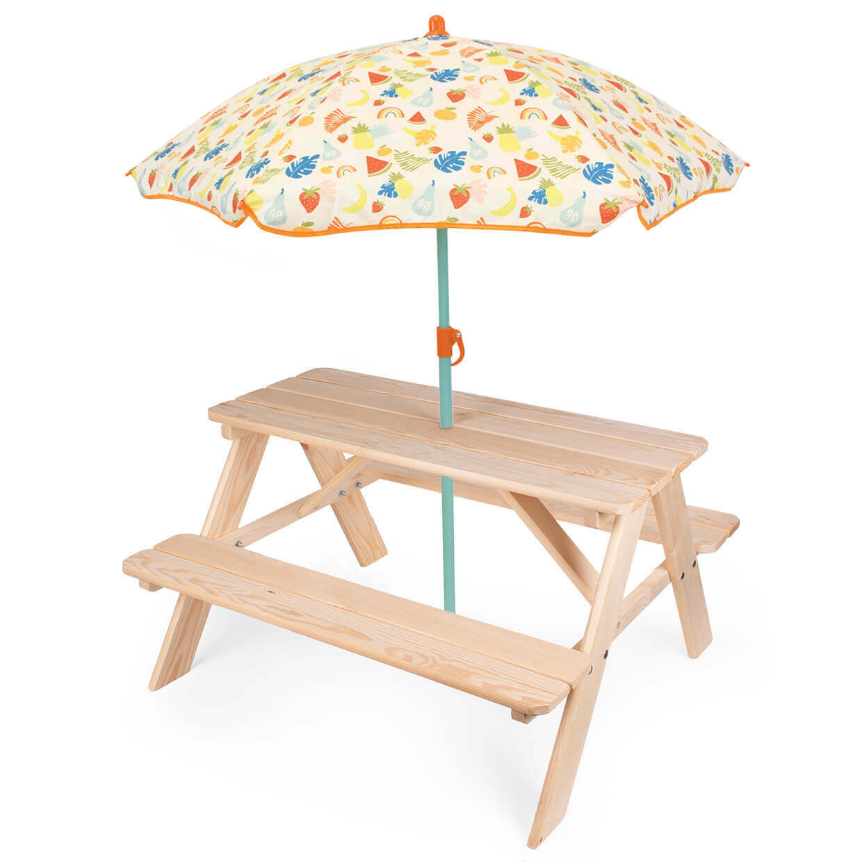 Zestaw ogrodowy dla dzieci drewniany stolik i parasol ogorodowy