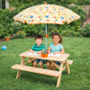 Stolik z ławkami ogrodowy dla dzieci z parasolem plażowym drewniany