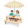 Stolik z ławkami ogrodowy dla dzieci z parasolem plażowym drewniany