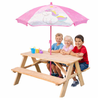 Stolik ogrodowy dla dzieci z parasolem Unicorn Jednorożec drewniany