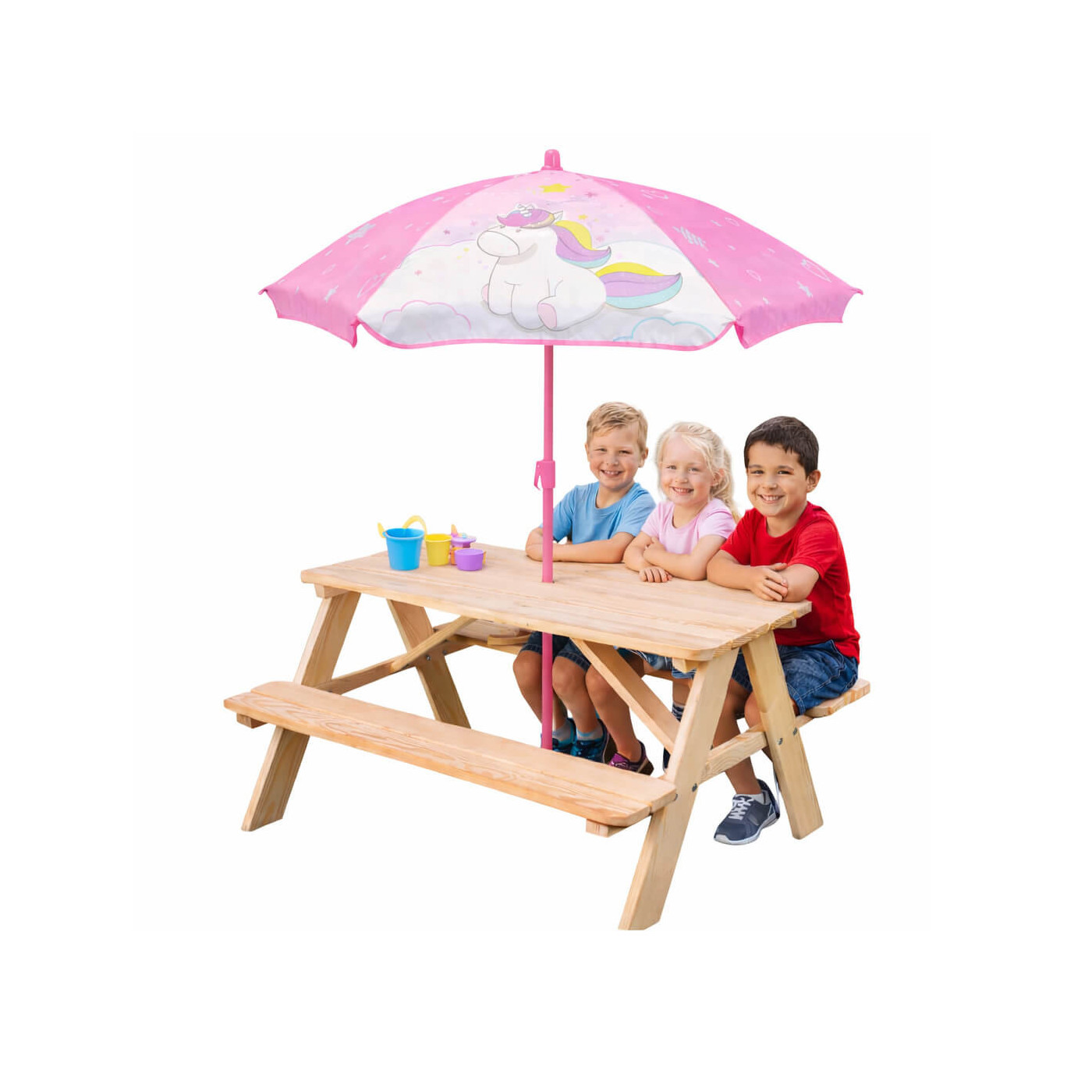 Stolik ogrodowy dla dzieci z parasolem Unicorn Jednorożec drewniany