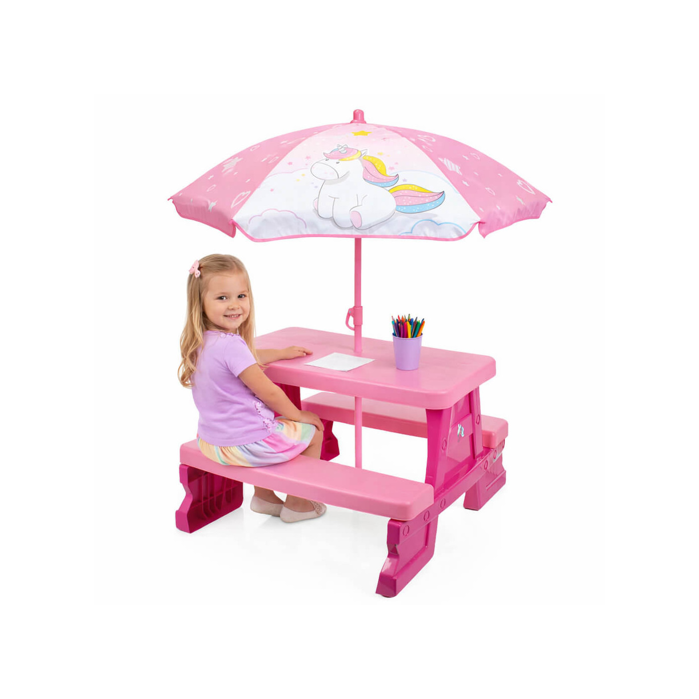 Stolik ogrodowy z parasolką Unicorn dla dziewczynki, zestaw ogrodowy z parasolem