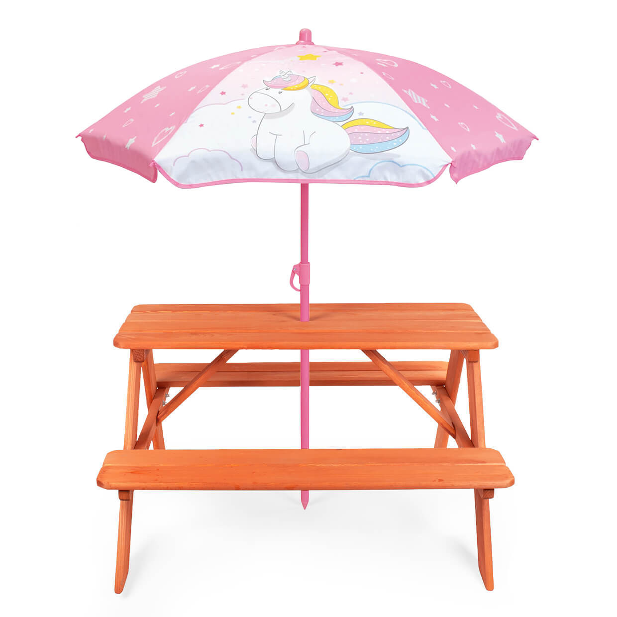 Drewniany stolik ogrodowy dla dzieci z parasolem
