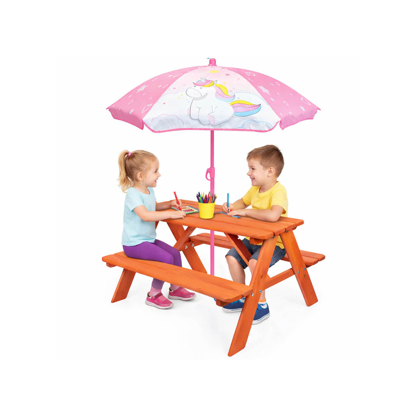 Drewniany stolik ogrodowy dla dzieci z parasolem Unicorn Jednorożec impregnowany