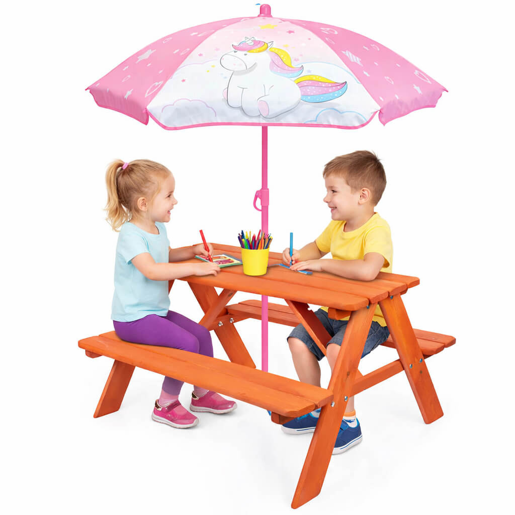 Zestaw ogrodowy dla dzieci drewniany stolik i parasol ogorodowy