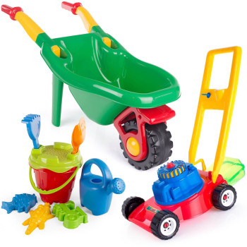 Taczki dla dzieci, zestaw do piasku, kosiarka z koszem