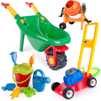 Zestaw narzędzi ogrodowych: taczki, kosiarka, betoniarka