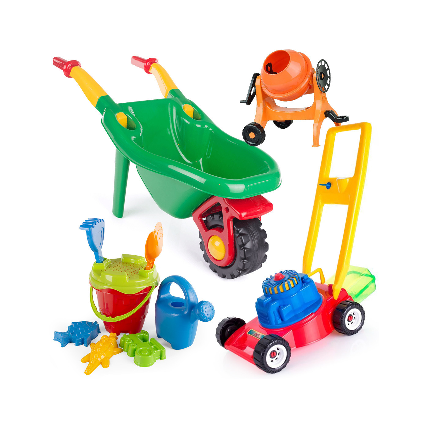 Zestaw narzędzi ogrodowych: taczki, kosiarka, betoniarka