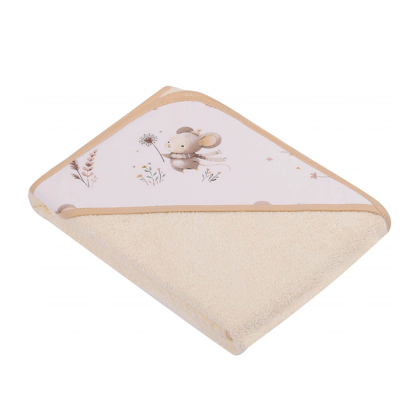 Ręcznik z kapturkiem okrycie 80x80 cm BAWEŁNA druk Myszka beżowa