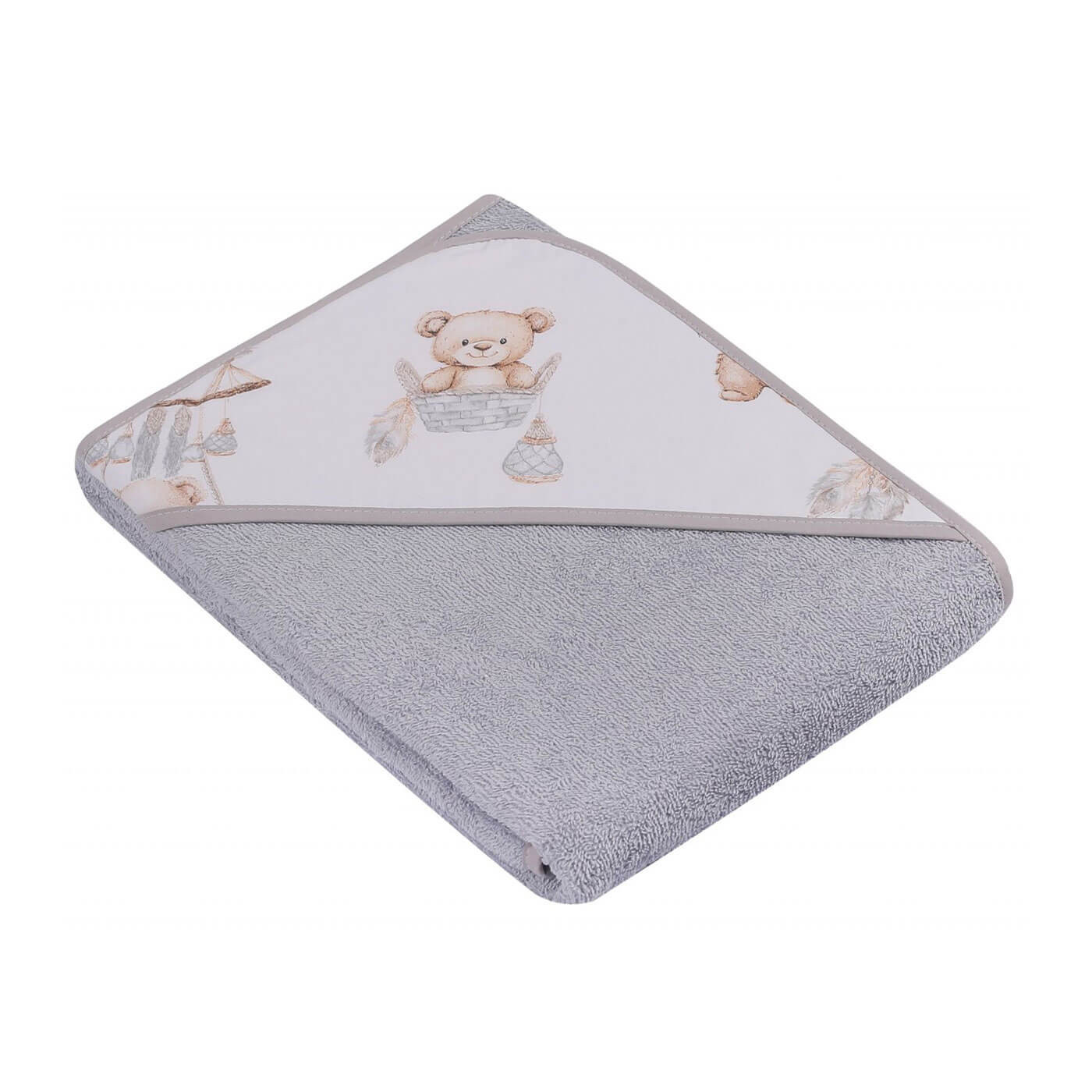Ręcznik z kapturkiem dla niemowlaka okrycie 80x80 cm BAWEŁNA druk misie szare